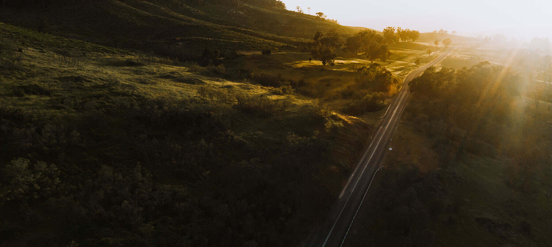 The Snowy Valleys Way winding through forested hills at sunrise