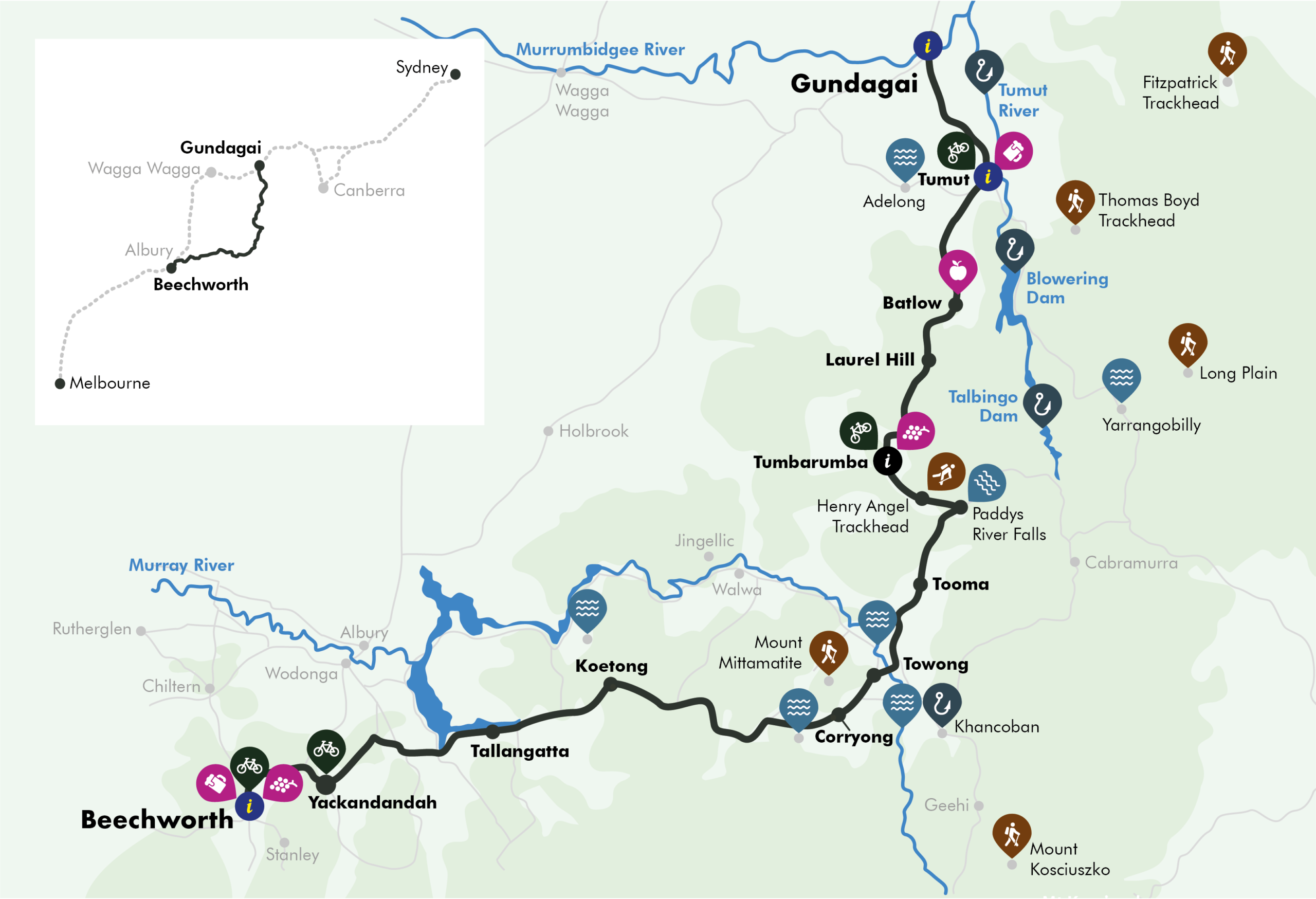 Illustrated map of the Snowy Valleys Way from Gundagai to Beechworth, with towns, trackheads, rivers and dams